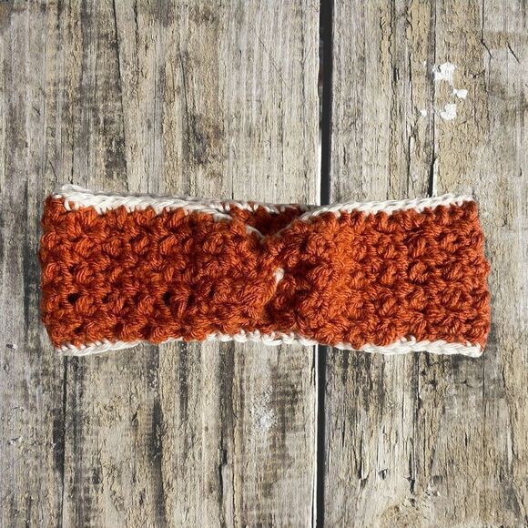 Small Orange & White Cozy Handmade Crochet Ear Warmer Fall Winter Headband Style - Picture 1 of 2